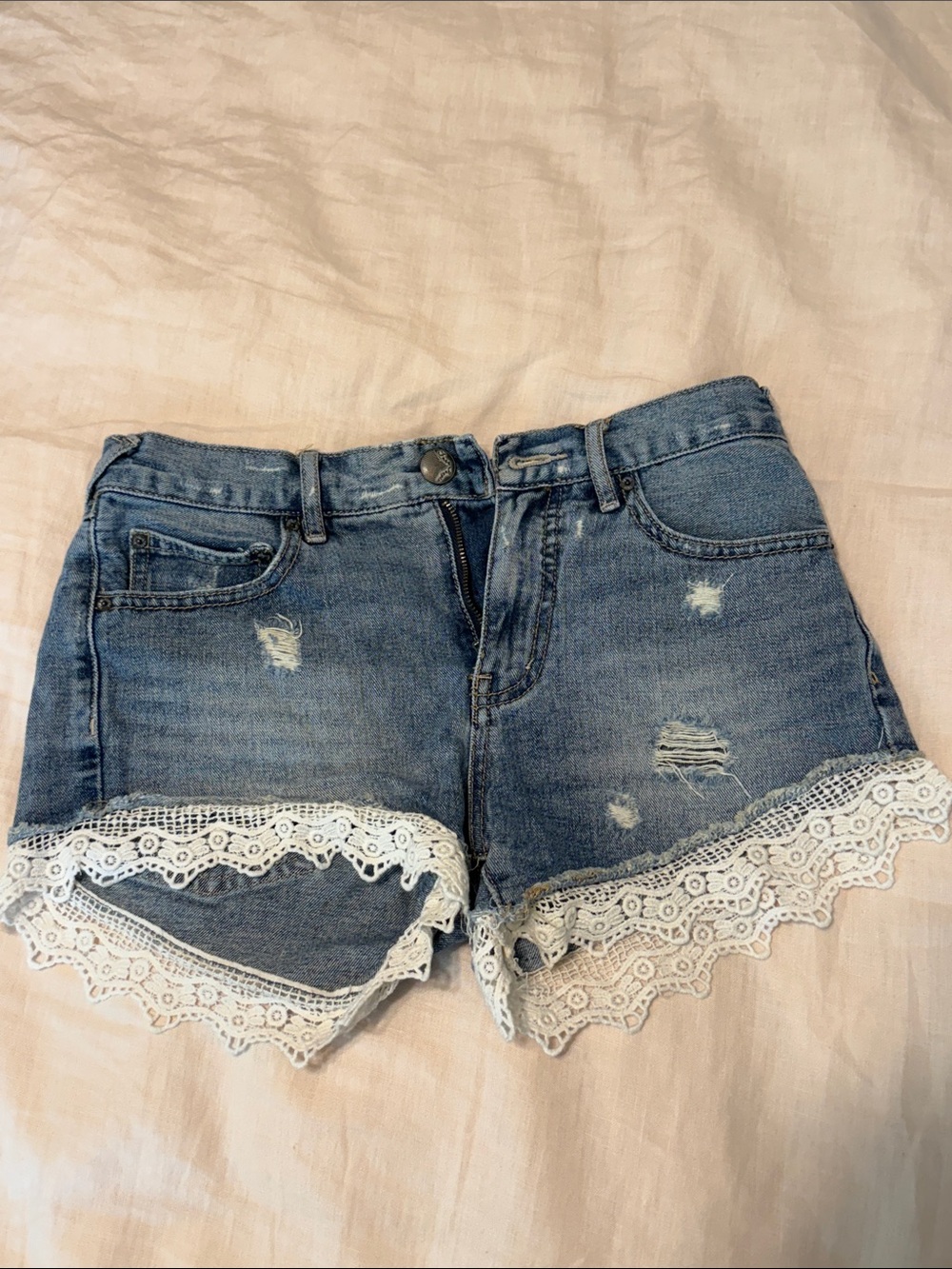 Free People Denim Shorts with White Lace Trim
